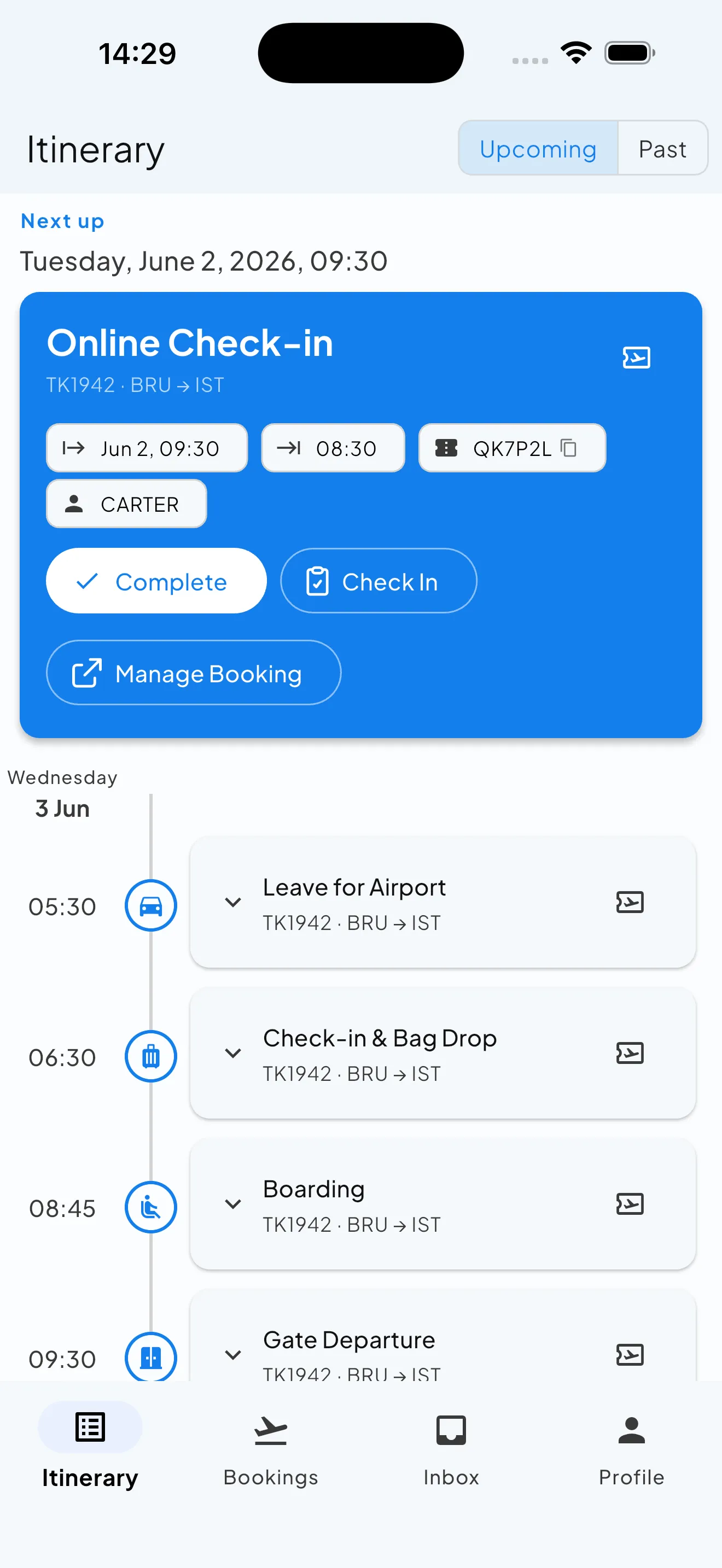 Skaoot itinerary screen: next up, online check-in for flight TK1942 from Brussels to Istanbul, then the travel day as a timeline: leave for the airport, check-in and bag drop, boarding, gate departure.